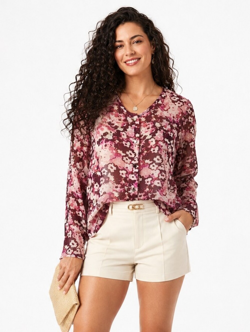 Liz Claiborne Pink Floral Button Front Blouse Sheer Boho Cottagecore LP